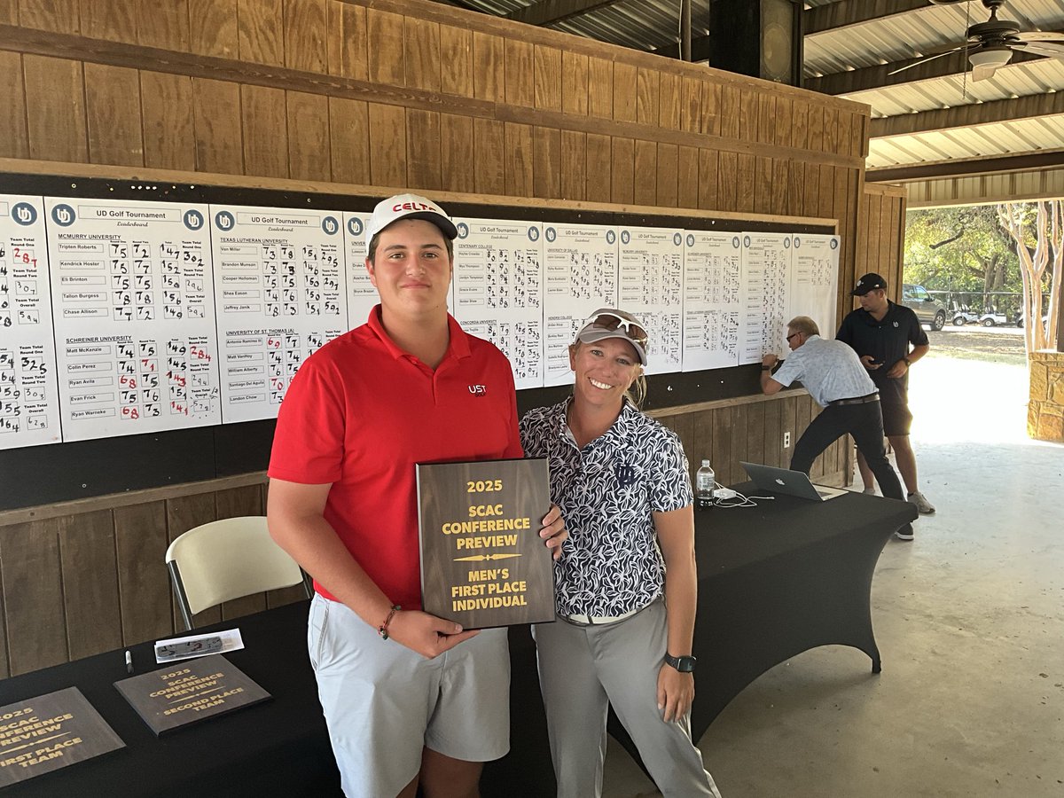 USTCeltsGolf's tweet image. The Men’s team finished in a T-1st yesterday in the SCAC Preview with Schreiner U. Santiago Del Aquila won the individual championship with scores of 70-68. Antonio Ramirez notched another top ten individually with rounds of 69-77. @USTCeltsGolf ⛳️🏌️‍♂️@USTAthletics #GoCelts💪
