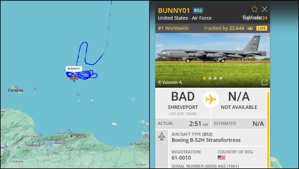 RT_com's tweet photo. ❗️ Two US B52 Stratofortress long-range bombers circling off Venezuela RIGHT NOW

An apparent attempt to intimidate Maduro

Is a regime-change war brewing? https://t.co/z88dRzSWjW