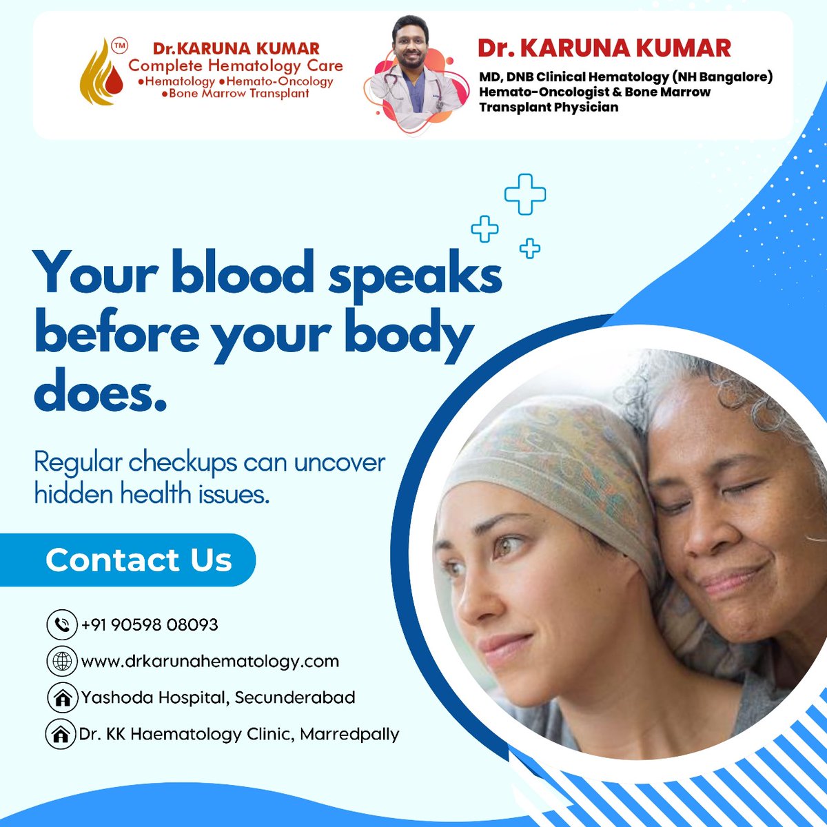 Drkkhematology's tweet image. 🩸 Your blood reveals what your body hides.
Don’t wait for symptoms to speak louder — regular blood checkups can help detect health issues early.
Because early awareness means timely care. ❤️
#DrKarunaKumar #BloodHealth #HematologyCare #PreventiveHealth #EarlyDetectionSavesLives