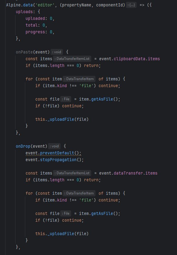 sertxudev's tweet image. For file uploads I listen to paste and drop events using Alpinejs, for images only maybe you can use the @.tiptap/extension-image