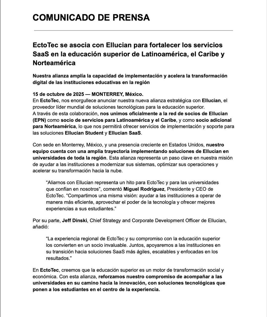 EctoTec's tweet image. En EctoTec damos un paso más hacia la innovación educativa.

Nos enorgullece anunciar nuestra alianza con Ellucian, líder global en soluciones tecnológicas para la educación superior.

Juntos fortaleceremos los servicios SaaS y aceleraremos la transformación digital.

#Educación