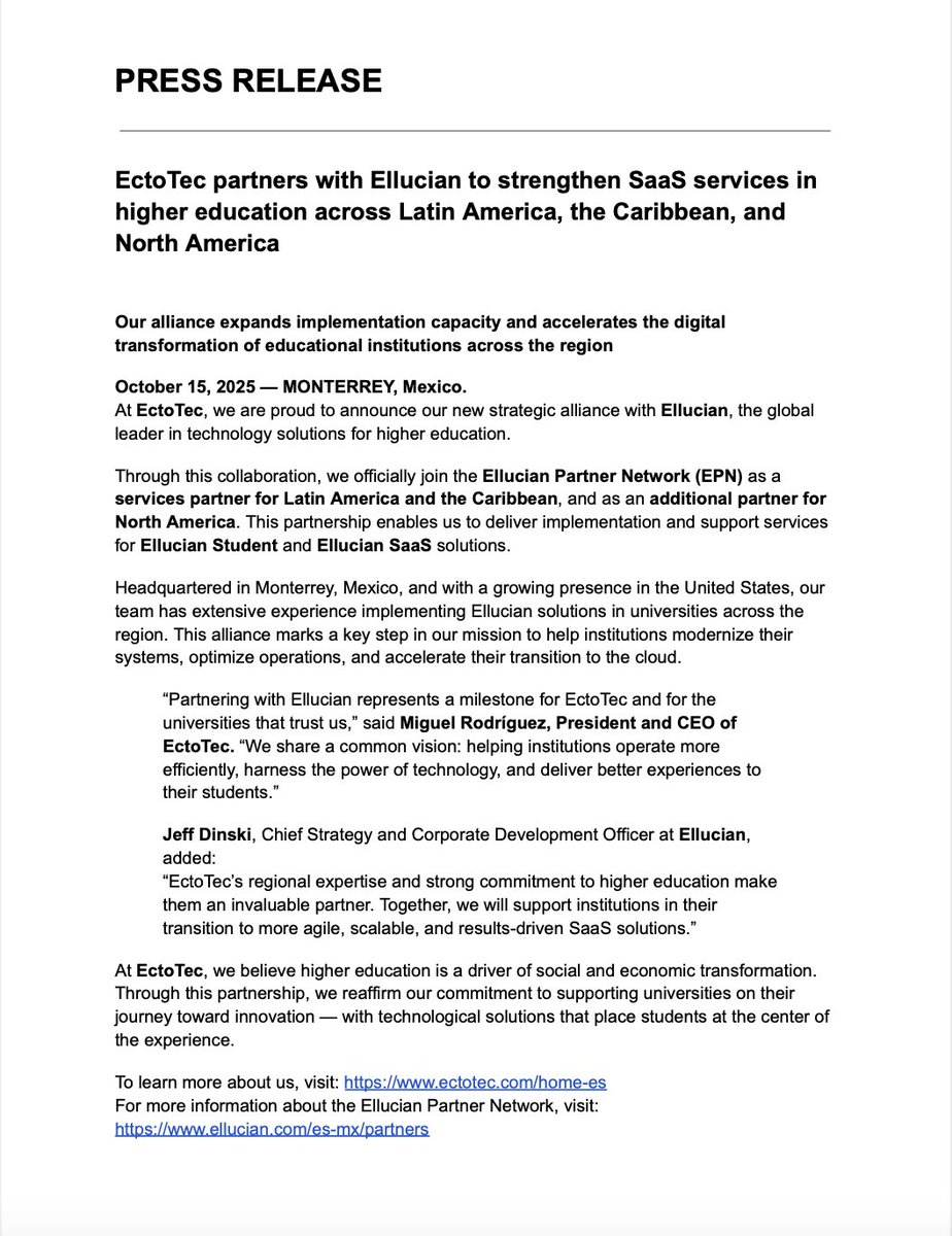 EctoTec's tweet image. En EctoTec damos un paso más hacia la innovación educativa.

Nos enorgullece anunciar nuestra alianza con Ellucian, líder global en soluciones tecnológicas para la educación superior.

Juntos fortaleceremos los servicios SaaS y aceleraremos la transformación digital.

#Educación