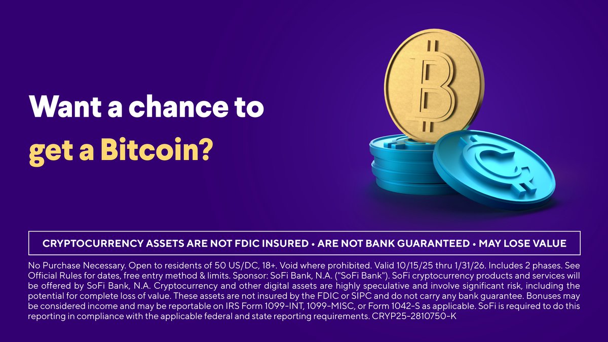 Crypto's coming back—seamlessly manageable in our all-in-one app.

‼️ Join the waitlist by 11/30/25, open an account once you're notified by email, and make three qualifying transactions of at least $10 by 1/31/26 for a chance at a Bitcoin.*

Sign up now!
sofi.com/signup/waitlis…