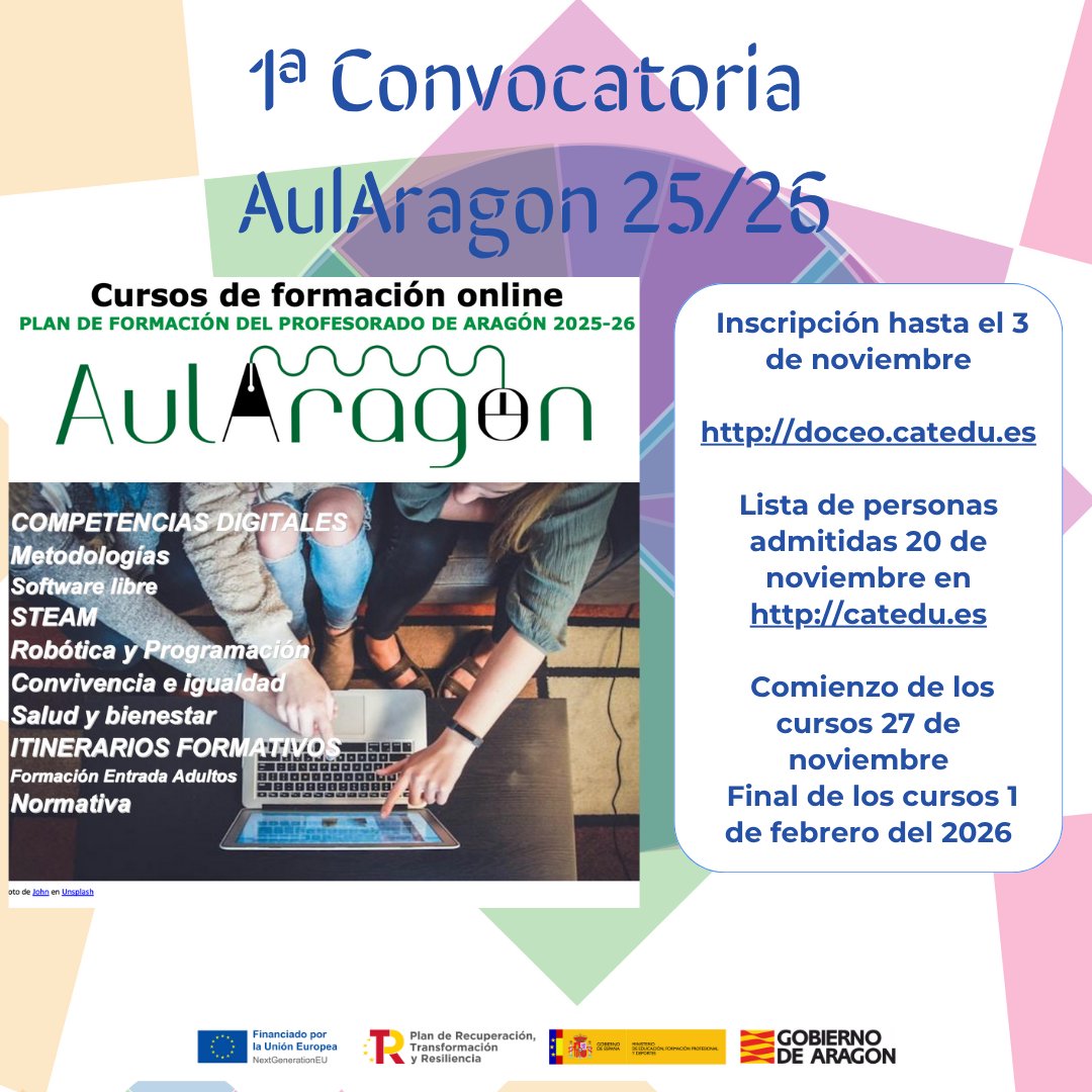 📢Publicada la primera convocatoria de Aularagón  del curso 2025/26
📝Inscripciones: DOCEO hasta el 3 de noviembre.
📋Lista de admitidos/as: 20 de noviembre en catedu.es
🤓Cursos: del 27 de noviembre al 1 de febrero.
ℹ️ Más info en catedu.es <a href="/catedu_es/">CATEDU</a>