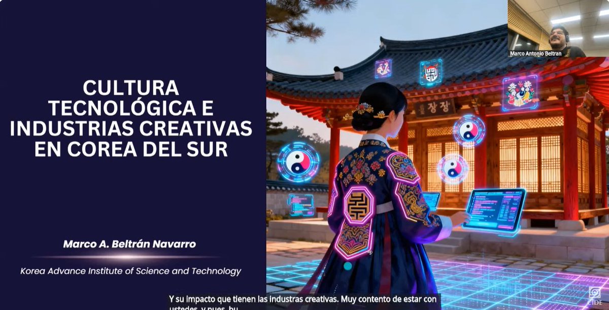División de Estudios sobre el Desarrollo (@ded_cide) on Twitter photo 🔴 Ya inició la Conferencia Magistral del Seminario "Cultura Tecnológica e Industrias Creativas en Corea del Sur" 🇰🇷🎭💡
🎙️ Dr. Marco A. Beltrán Navarro (KAIST)
📺 Transmisión: goo.su/gQnzU
#CoreaDelSur #Innovación #IndustriasCreativas 🔴 Ya inició la Conferencia Magistral del Seminario "Cultura Tecnológica e Industrias Creativas en Corea del Sur" 🇰🇷🎭💡
🎙️ Dr. Marco A. Beltrán Navarro (KAIST)
📺 Transmisión: goo.su/gQnzU
#CoreaDelSur #Innovación #IndustriasCreativas