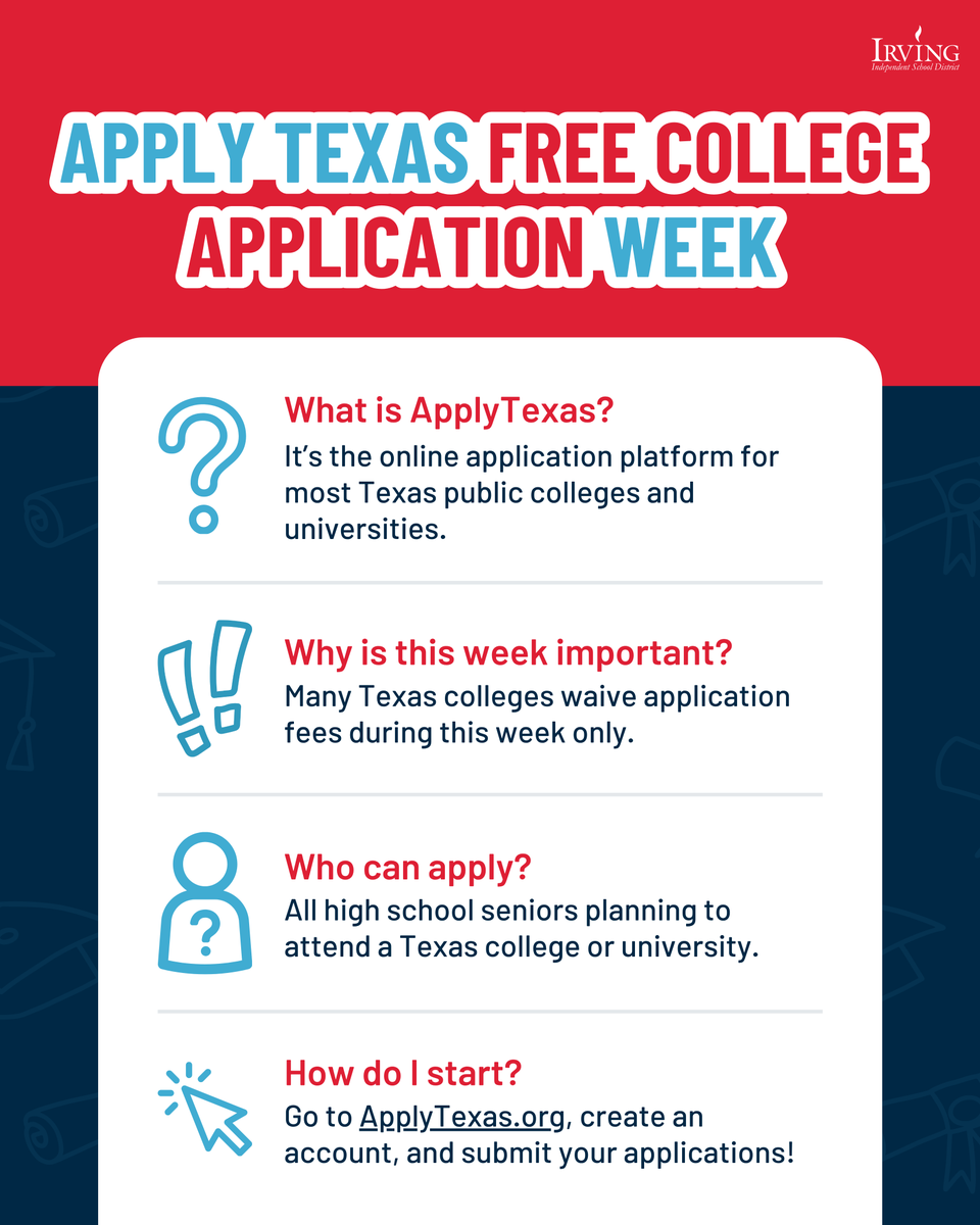 Not sure where to start with ApplyTexas? 🤔 We’ve got answers!

Here’s everything you need to know to get started with ApplyTexas Free College Application Week. 🎓✨ Take advantage of waived application fees and submit your college applications before Sunday, October 19! 💻