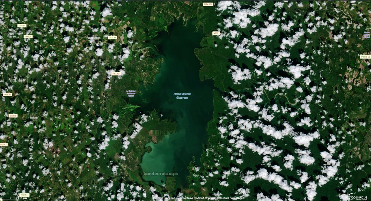 ¡GRAN IMAGEN! 🤩

Entre un paisaje espectacular y rodeada de nubes, la enorme presa #VicenteGuerrero en el municipio de #Padilla alcanza el 69.7% de su almacenamiento. 💧🏞️

🛰️Foto satelital de ayer, 14 de octubre.