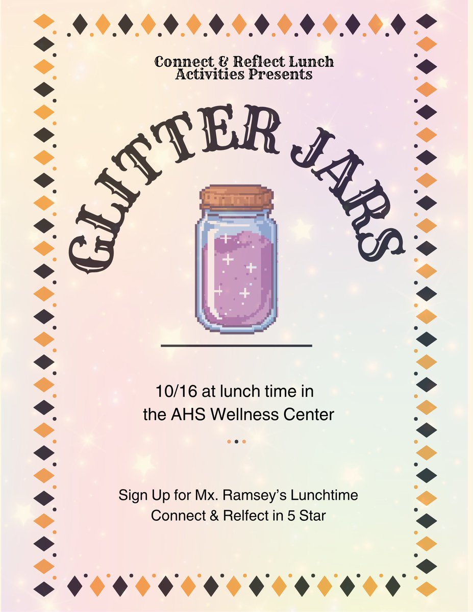 Come make glitter jars with us in the wellness center at lunch on Thursday, 10/16.  We have all of the materials, you just need to bring yourself and your friends!  Please sign up through 5 star in Ms. Ramsey's Connect and Reflect.  See you there!!
#lvusd #chargeon @instagoura