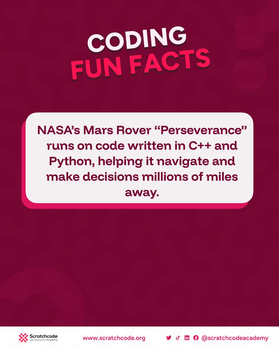 scratchcode_aca's tweet image. Coding… but make it interplanetary. 🚀
NASA’s Perseverance Rover uses C++ + Python to explore Mars.
Yes — even space runs on code! 🌌
Join Scratchcode Academy today 🚀 ✨️
#CodingFunFact #TechTrivia #SpaceExploration #Python #Cplusplus #scratchcodeacademy #EveryoneCanCode