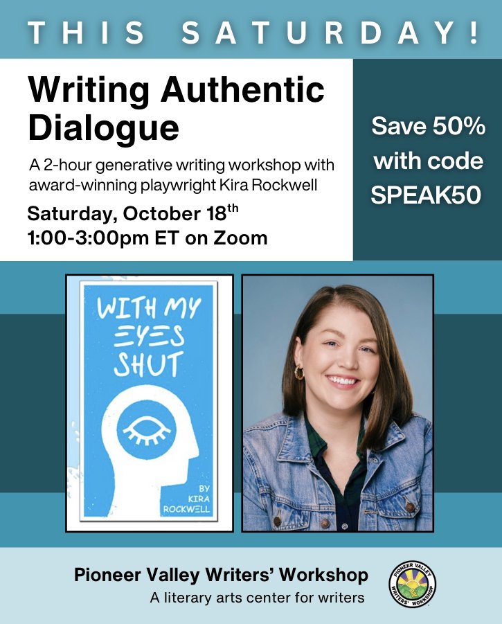 This Saturday, October 18th, bring more authenticity and tension to the voices on your page at Writing Authentic Dialogue - now 50% off and only $30 to attend when you use the promo code SPEAK50!   
Learn more: pioneervalleywriters.org/service-page/w…
