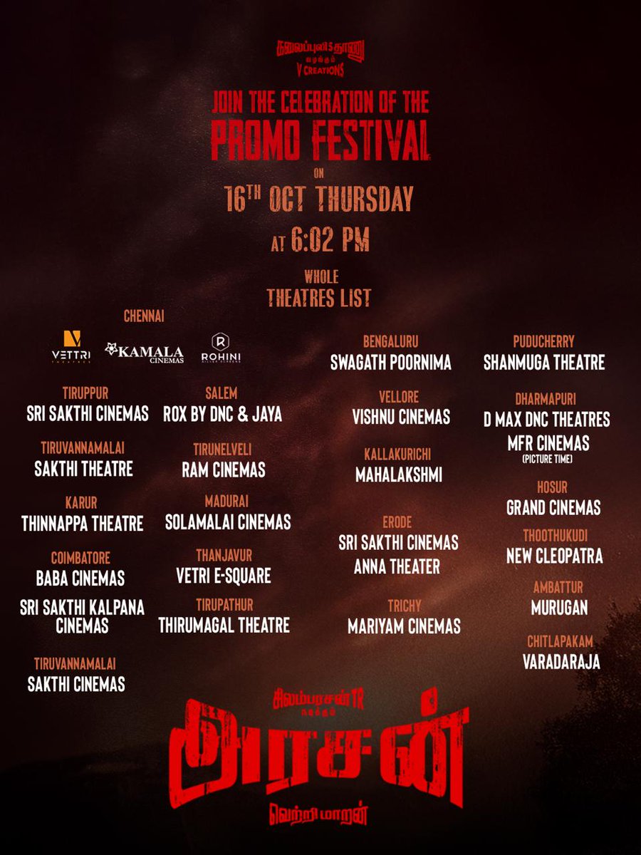 theVcreations's tweet image. 🎬 #ARASAN Promo Festival – Theatre List 🔥

The wait is over! Catch the grand promo celebration tomorrow at these theatres across Tamil Nadu.

#ARASANPromo 
#VetriMaaran  @SilambarasanTR_ 
#STR49 #SilambarasanTR #VCreations47