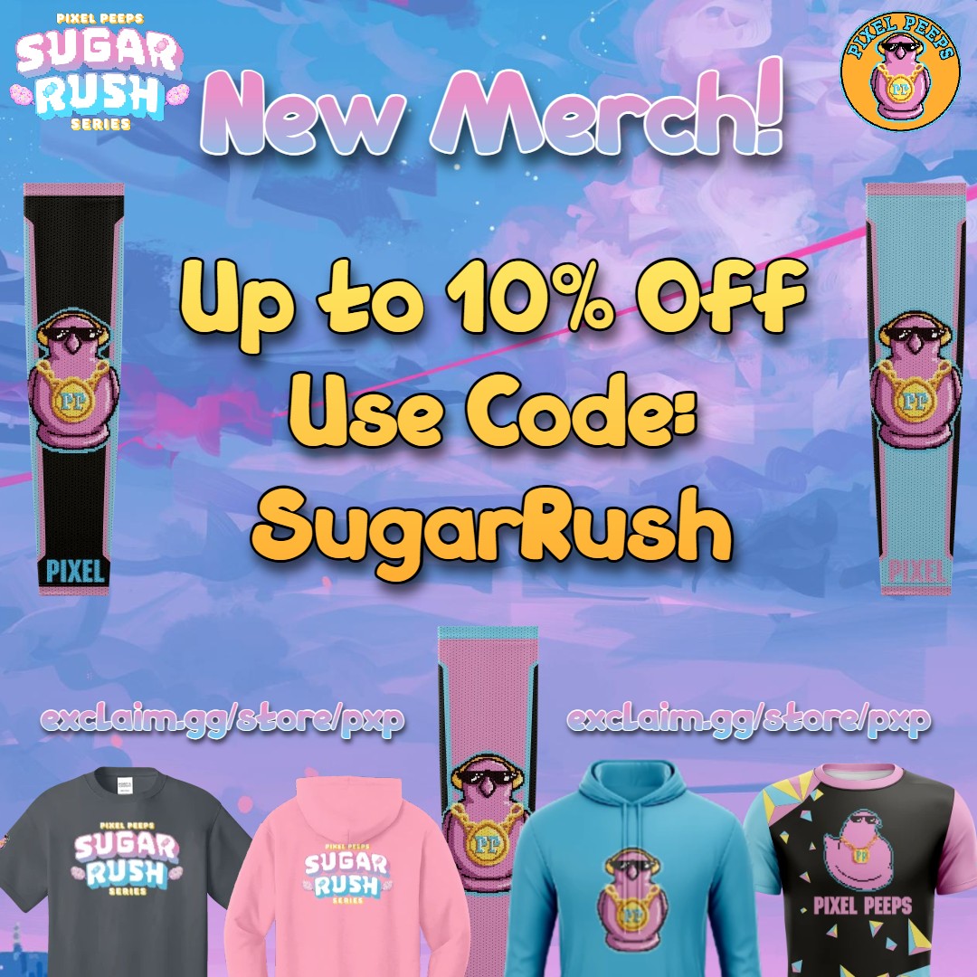 PxP_Org's tweet photo. 🎉SUGAR RUSH MERCH DROP 🎉

As a part of the upcoming tournament, we have added some new merch to our Org store! The new items included some Sugar Rush branded gear as well as new org items!

Use Code "SugarRush" for up to 10% off your order!

https://t.co/aLXyEKTJPf https://t.co/z16wvnyosf