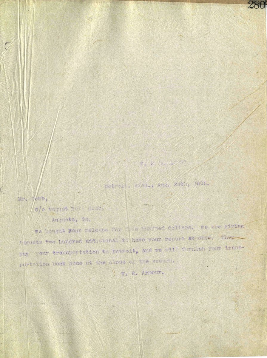 Amazing survivor, even as a carbon copy: letter from Detroit Tigers' manager Bill Armour to Ty Cobb informing him that his rights have been purchased from Augusta in the South Atlantic (Sally) League. Dated August 25, 1905, 17 days after Ty's mother had shot his father to death.
