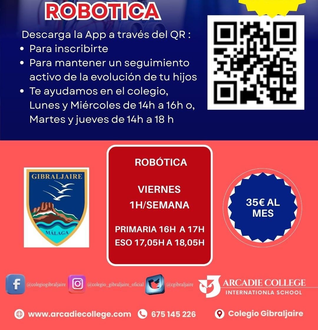 🚀Extraescolares en Gibraljaire🚀

Impulsa el futuro de tu hij@ con nuestras actividades clave:

Inglés 🇬🇧 (desde 35€/mes)
Robótica 🤖 (desde 35€/mes)

Colaboramos con #arcadiecollege para un aprendizaje de nivel.
¡Aún puedes inscribirte! 

#ColegioGibraljaire #Inglés #Robótica