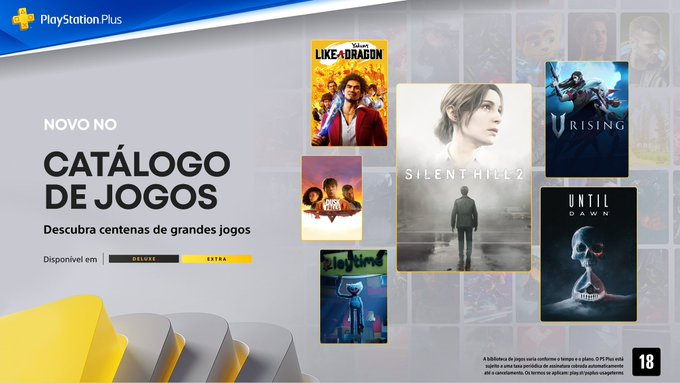 Catálogo da PS Plus de outubro chegando pesado! 👀 Entre os destaques estão Silent Hill 2 Remake, Until Dawn Remake e Like a Dragon 7. Todos esses e muitos outros títulos estarão disponíveis a partir do dia 21 de outubro! 🎮🔥