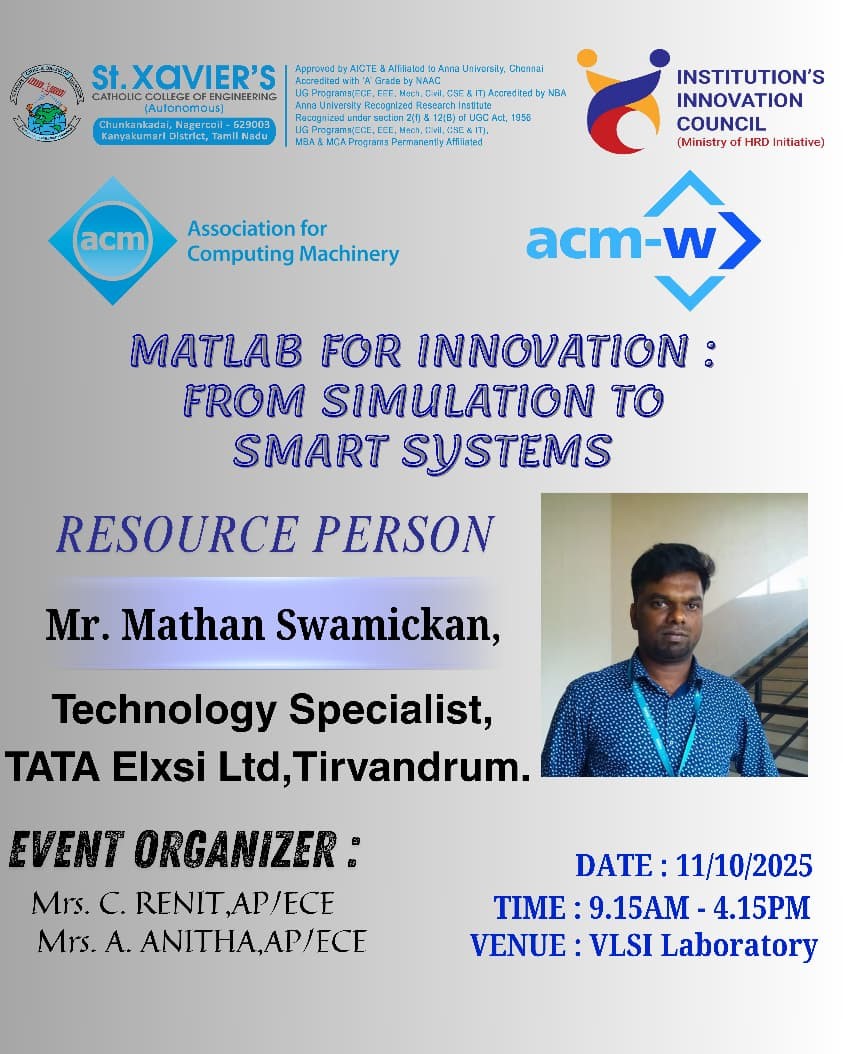 stxaviersmedia's tweet image. 💡 MATLAB for Innovation: From Simulation to Smart Systems!
An inspiring session by Mr. Mathan Swamickan, Tech Specialist, TATA Elxsi Ltd., Trivandrum, organized by ACM & ACM-W Student Chapters, SXCCE.
#SXCCE #ACM #ACMW #MATLAB #Innovation #SmartSystems #Engineering #TataElxsi