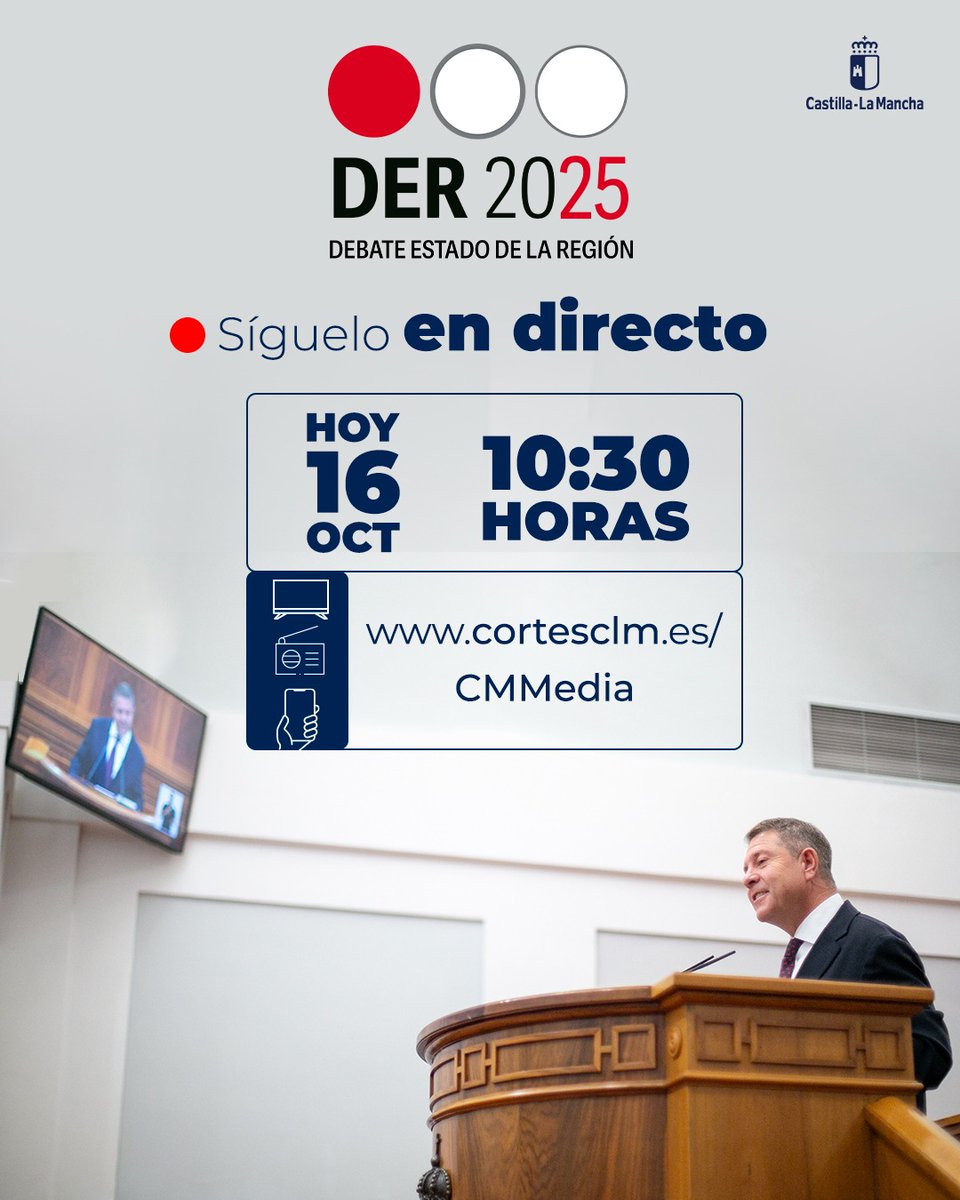 🔴 Sigue EN DIRECTO la intervención del presidente de #CLM, <a href="/garciapage/">Emiliano García-Page</a>, en el #DebateCLM2025.

📌 Hoy jueves, 16 de octubre, a partir de las 10:30 horas en:

➡️ cortesclm.es

➡️ cmmedia.es/play