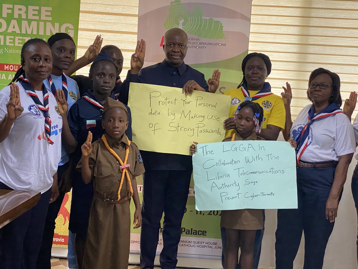 ltaliberia's tweet photo. The Liberia Girl Guides Association visited the LTA to celebrate #CyberSecurityMonth with cookies, brownies, and a skit on online scams. 
Chairman Clarence K. Massaquoi praised their creativity and promised continued support for a safer digital Liberia. 

#BeCyberSmart https://t.co/U9bcw3zlsg
