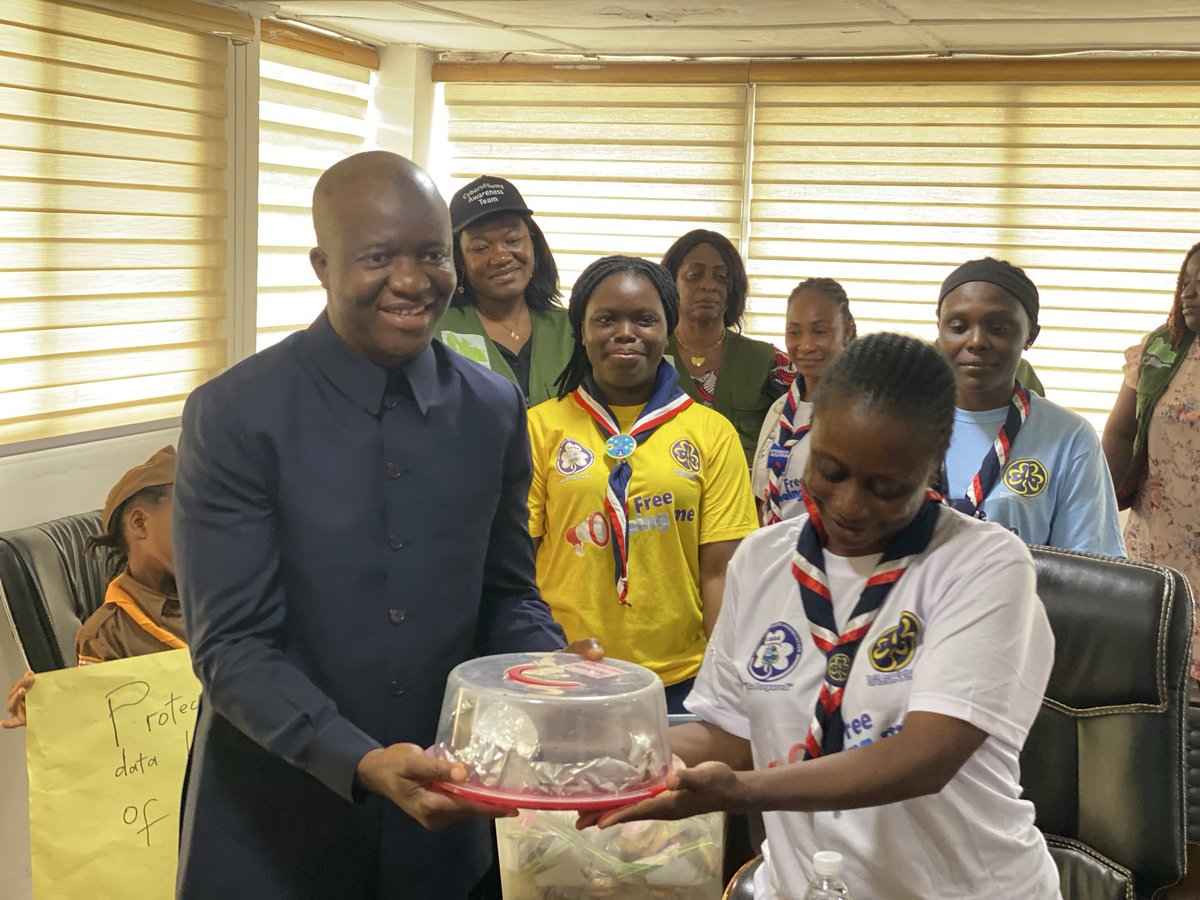 ltaliberia's tweet photo. The Liberia Girl Guides Association visited the LTA to celebrate #CyberSecurityMonth with cookies, brownies, and a skit on online scams. 
Chairman Clarence K. Massaquoi praised their creativity and promised continued support for a safer digital Liberia. 

#BeCyberSmart https://t.co/U9bcw3zlsg