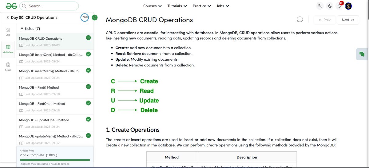MdMazid1707's tweet image. ✅ Day - 80
📷 MongoDB CRUD Operations
Complete 80/100 days Web development course Nation Skill Up with
@geeksforgeeks
to skill up our development Course Link : geeksforgeeks.org/batch/skill-up… #skillupwithgfg #nationskillup #CodingChallenge #geeksforgeeks #100DaysOfCode