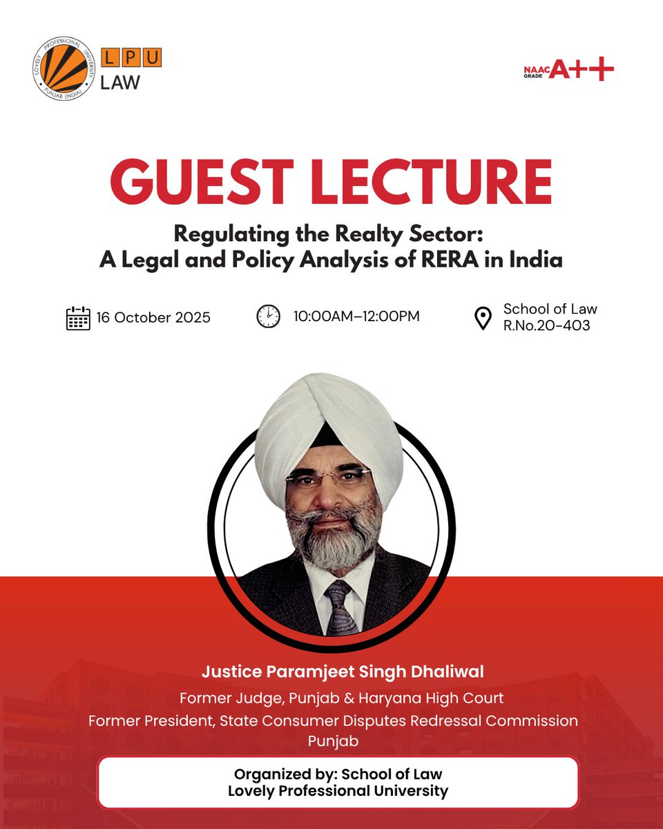 LPUlawSchool's tweet image. School of Law, LPU proudly presents a Special Guest Lecture Series featuring our distinguished Guest Speaker 🧑‍⚖️ Justice Paramjeet Singh Dhaliwal, Former Judge, Punjab &amp;amp; Haryana High Court
#LPULaw  #RERA #CivilProcedureCode #LovelyProfessionalUniversity 
@lpuuniversity