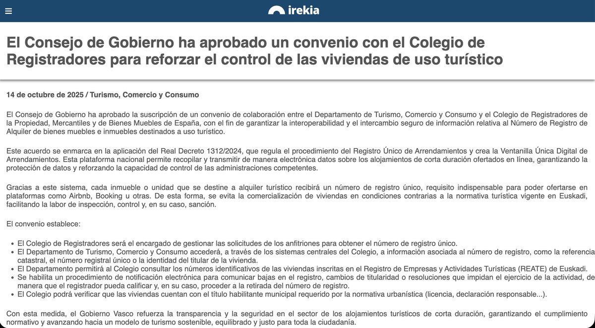 "El Consejo de Gobierno <a href="/DptoTurComCon/">Departamento de Turismo, Comercio y Consumo</a> ha aprobado un convenio con el Colegio de Registradores <a href="/RegisPaisVasco/">Decanato Registradores País Vasco</a> para reforzar el control de las viviendas de uso turístico", vía <a href="/Irekia/">IrekiaEJGV</a> 

irekia.euskadi.eus/amp/es/news/10…