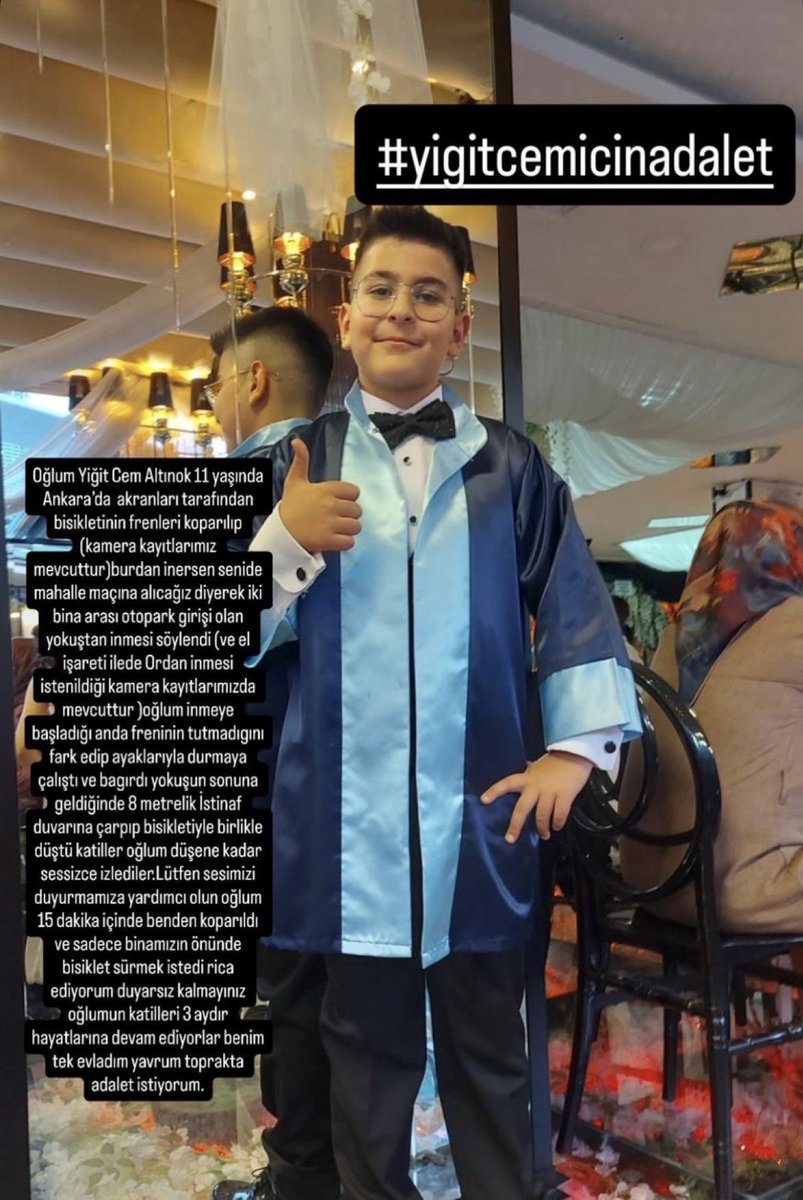 izzetcapa's tweet image. Ankara’da 11 yaşındaki Yiğit Cem Altınok’un akranları, iddiaya göre Altınok’a ait bisikletin frenlerini koparıp, “Bu yokuştan inersen seni de mahalle maçına alacağız” dedi.

Altınok yokuştan inmeye başladı ve frenlerin tutmadığını görünce ayaklarıyla durmaya çalıştı ve bağırdı,…