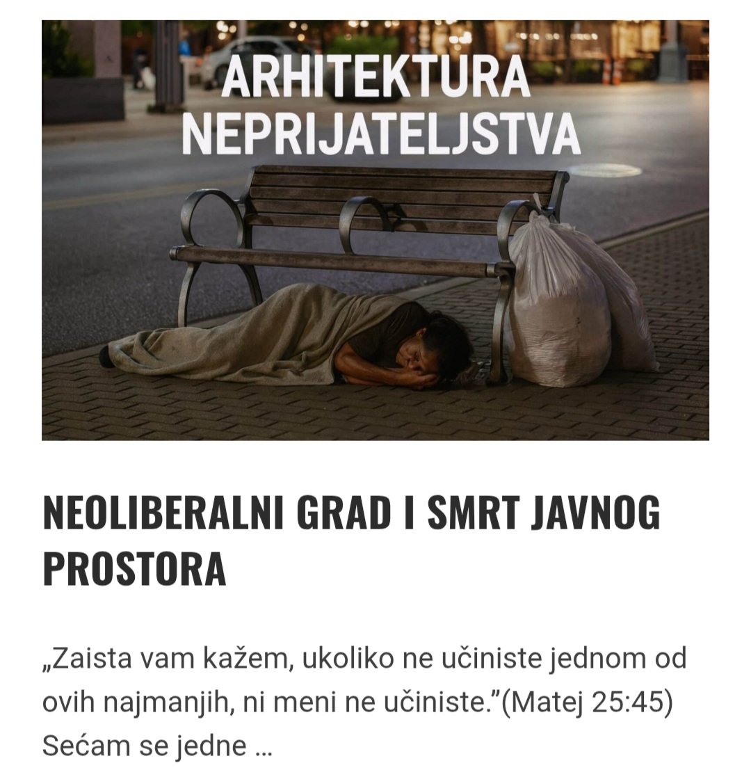 javnirizik's tweet image. ✍Dakle, ovo je proizvod kapitalističkog sistema i socijalno-ekonomskih odnosa koji nam takav sistem nameće. Urbani dizajn koji proizlazi iz kapitalizma dehumanizuje prostor i briše socijalnu dimenziju grada.

📖👉 bezcenzure.rs/vas-glas/neoli…

#hostilearchitecture #defensiblespace