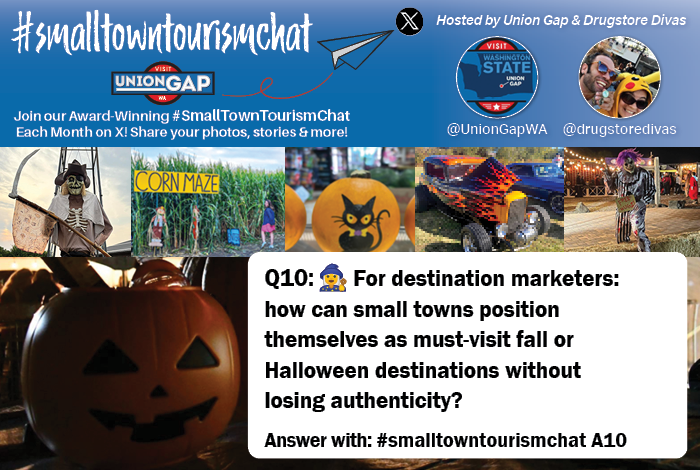 #SmallTownTourismChat Q10

For destination marketers: how can small towns position themselves as must-visit fall or Halloween destinations without losing authenticity?

Answer with #SmallTownTourismChat A10