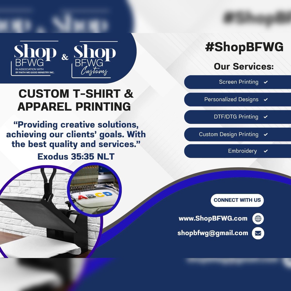 SHOPBFWG's tweet photo. @SHOPBFWG LLC.
Custom T-Shirt &amp; Apparel Printing 
“Providing creative solutions, achieving our clients’ goals. With the best quality and services.”

Connect With Us! 
https://t.co/IrbcqQRTTy 
Email: shopbfwg@gmail.com 
#ShopBFWG #ClothingBrand #ApparelPrinting #BrandYourStyle https://t.co/I8mLJN6Ux2