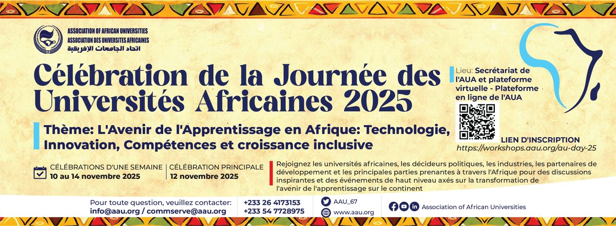 AAU_67's tweet image. Calling all AAU member institutions! Share your stories, events &amp;amp; innovations for Africa Universities’ Day. #AfricaUniversitiesDay2025! Let’s showcase your innovations shaping Africa’s future  
Register: workshops.aau.org/au-day-25 
#AAU58 #Tech4Learning