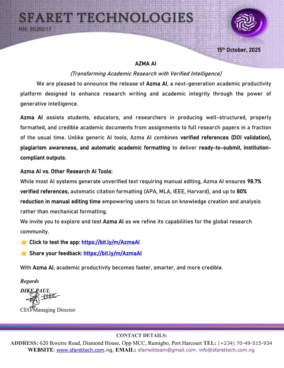 SfaretTech's tweet image. Transforming Academic Research with Verified Intelligence 

Azma AI is a next-generation academic productivity platform designed to help students, educators, and researchers create credible, well-structured, and institution-ready documents from assignments and essays to full