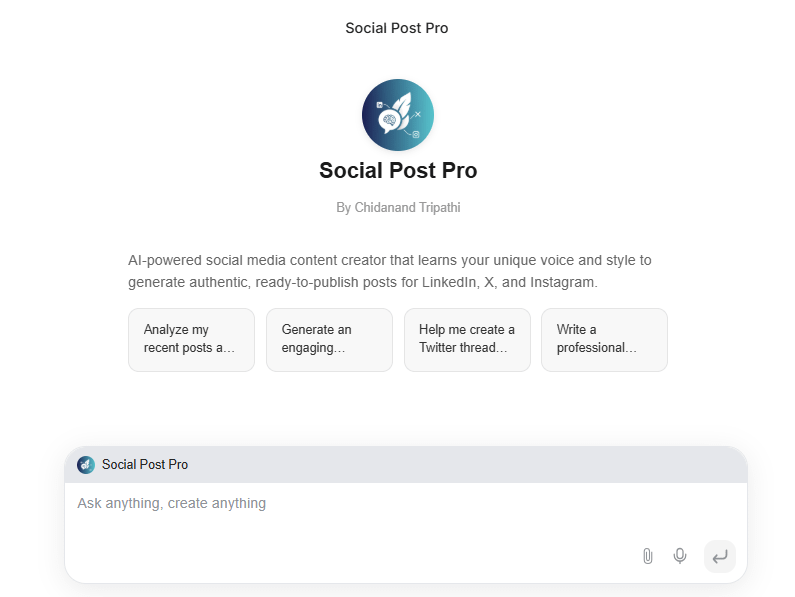 thetripathi58's tweet image. Okay... This is insane.
I just discovered you can build custom AI agents without coding... so I made one 👀
It's called “Social Post Pro” and it writes social media content in my style, ready for LinkedIn, X, and Instagram
There's a Hackathon running Oct 15–21 | Win up to…