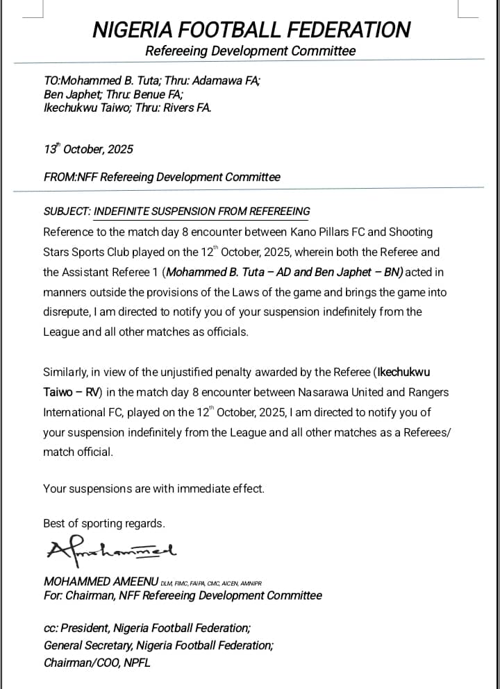 NFF nailed the Match Officials for Kano Pillars vs Shooting Stars and Nasarawa United FC vs Rangers Int'l.

#PILSHO #NASRAN #NPFL26