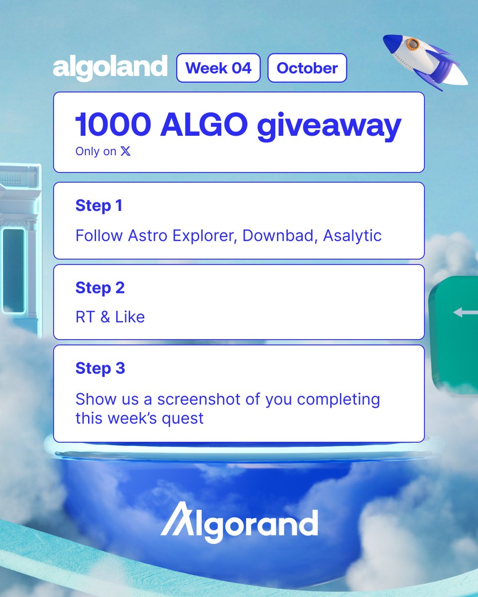 AlgoFoundation's tweet image. 1,000 ALGO giveaway for Week 4 of Algoland 🏆
One person wil win 1,000 ALGO, all you need to do is:
1. Follow @Astro_Explorer_, @downbad_algo and @asalytic
2. RT & Like
3. Reply below with a screenshot of you completing this week's quest