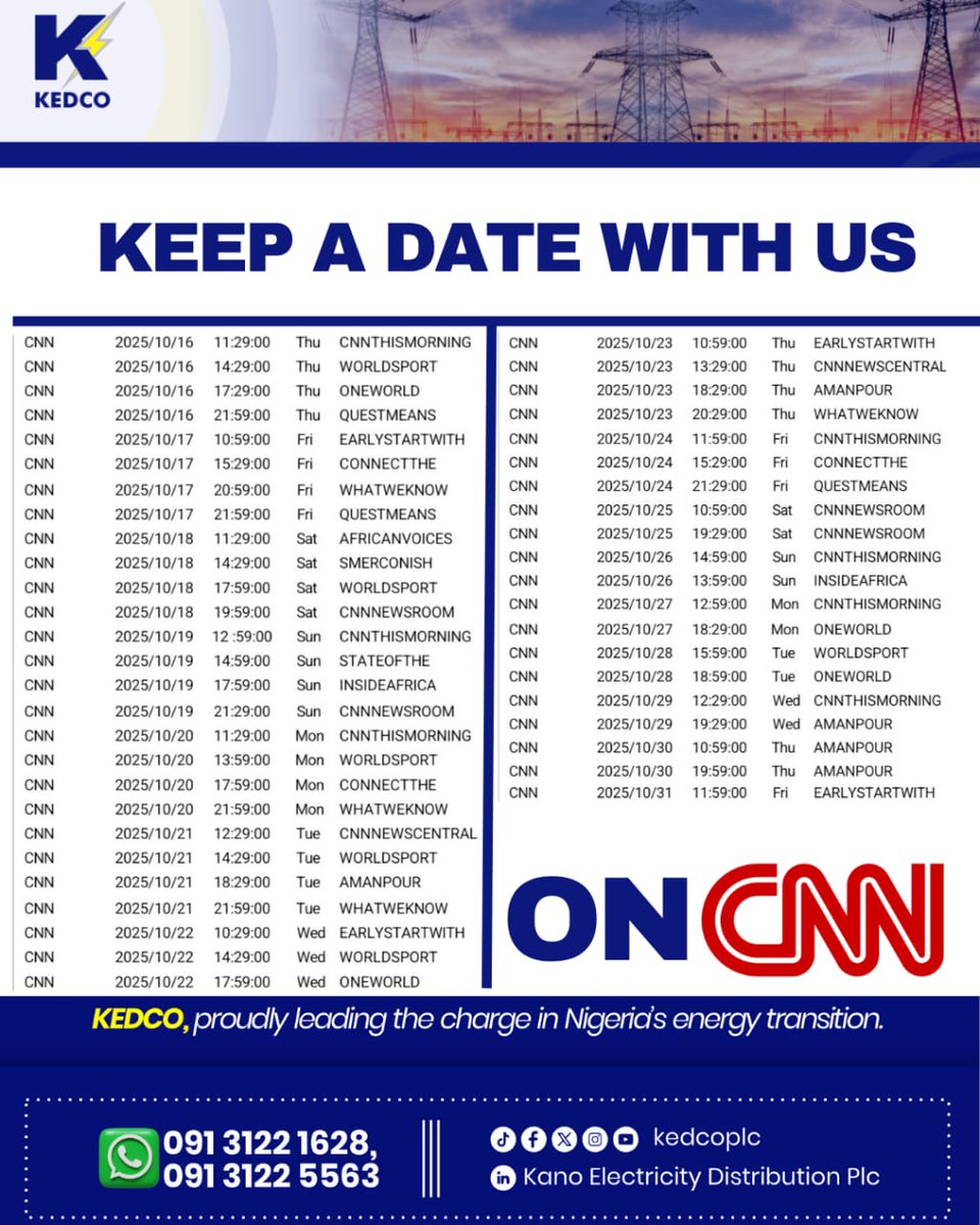 KEDCO is on CNN!🌍⚡  
Proudly leading the change in Nigeria’s energy transition and now making waves Internationally.

Catch our special feature on CNN, airing from October 16th to 31st!

Stay tuned and join us on this journey toward a brighter, more sustainable future. 💡