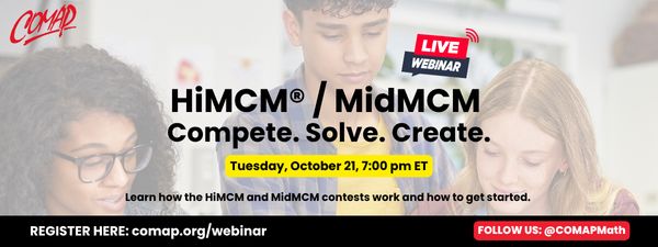 COMAPMath's tweet image. 📣 Teachers & Advisors: HiMCM/MidMCM webinar on October 21
👉 Read 7 reasons to come to the webinar and register here: comap.org/blog/blog-2/it…
#MathModeling #MathContest #MathTeacher