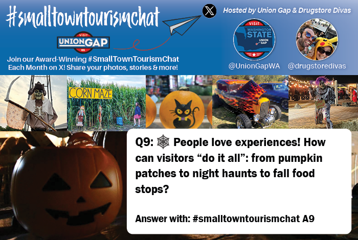 #SmallTownTourismChat A9

People love experiences! How can visitors “do it all”: from pumpkin patches to night haunts to fall food stops?

Answer with #SmallTownTourismChat A9