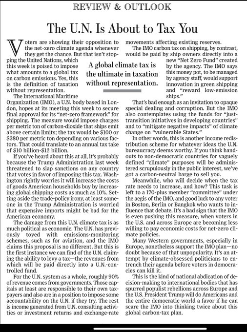Text-heavy graphic from Wall Street Journal Review and Outlook section with bold headings and paragraphs detailing a proposed UN tax on carbon emissions from shipping fuels at $80 per ton of carbon dioxide, discussing economic impacts on reserves, net-zero agenda, international agency involvement, and policy implications for global trade and US interests.