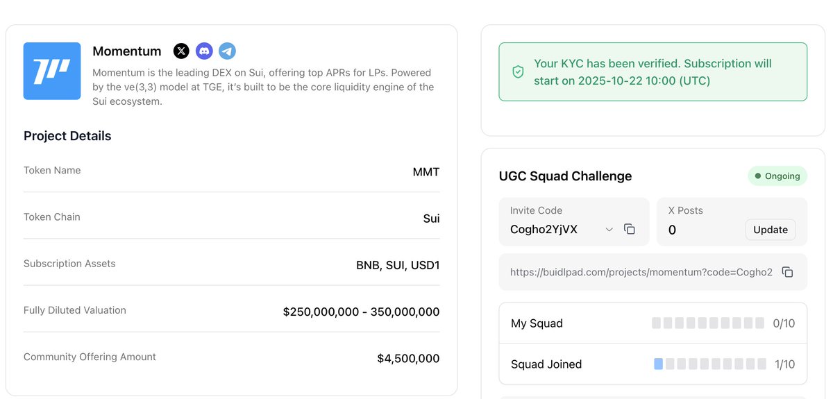🚀 Create original content (thread, video, post — anything that shows real value).
⚡ Tag <a href="/MMTFinance/">MomentumⓂ️Ⓜ️T</a> and <a href="/buidlpad/">Buidlpad</a>.
🌀 Add Ⓜ️Ⓜ️T to your profile name.
📤 Submit your post link before Oct 22.
If approved, you’ll get:
💰 Priority allocation ($150+ unlocked at TGE) — zero vesting