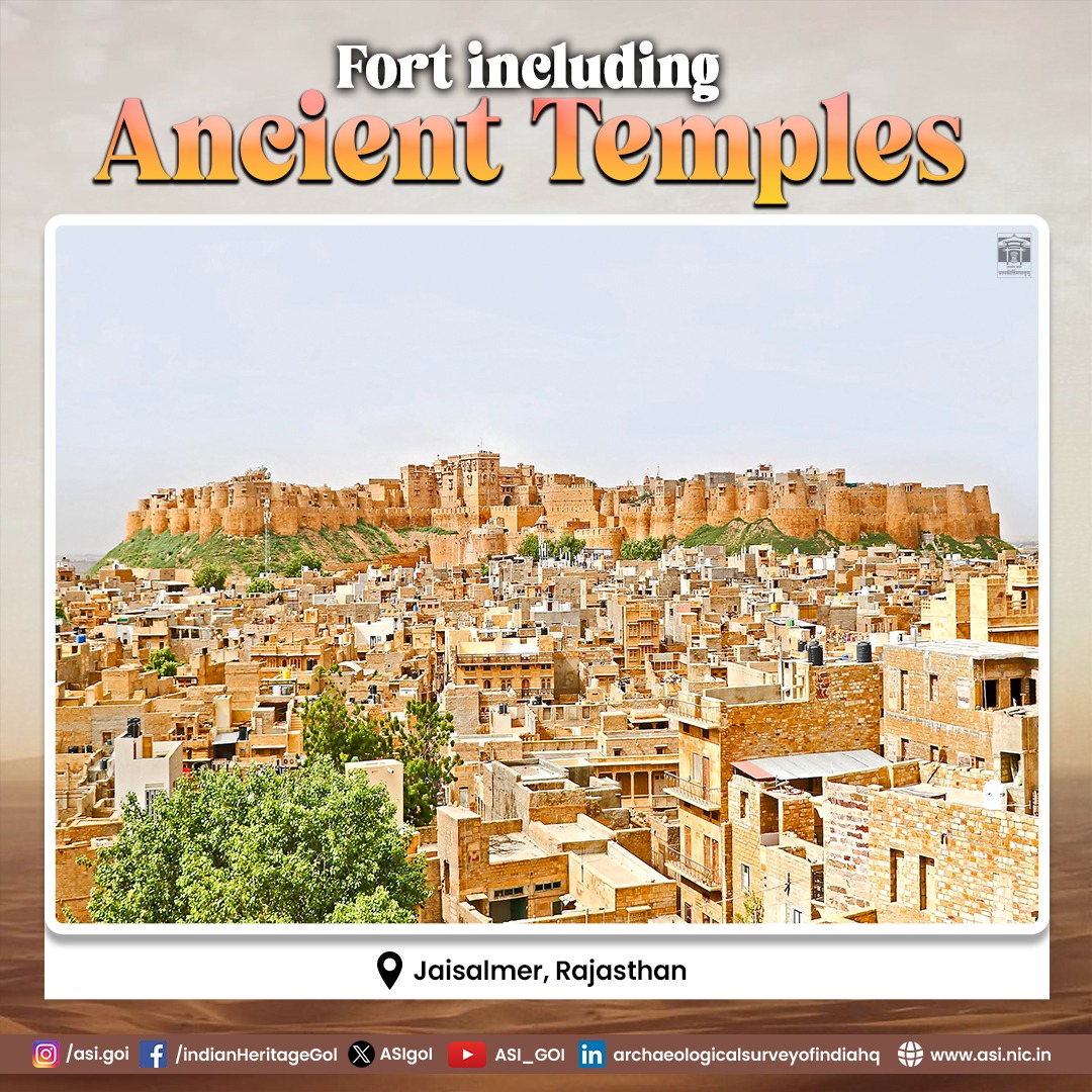 ASIGoI's tweet image. The Fort of Jaisalmer, perched atop Trikuta Hill, stands as a proud testament to the legacy of the Bhati rulers. 

Known as the ‘Sonar Killa’ or Golden Fort due to its distinctive yellow color sandstone, its foundation was laid on July 12, 1155 CE. This massive structure boasts