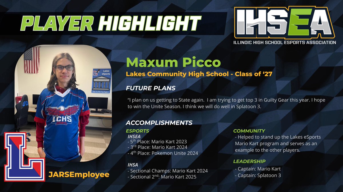 Good morning fellow gamers!! It is time for the IHSEA Player of the Week. Our coaches have nominated players and each week we recognize one for their outstanding achievements in the esports community. 

We are pleased to announce our POTW is Maxum Picco from Lakes Community HS!