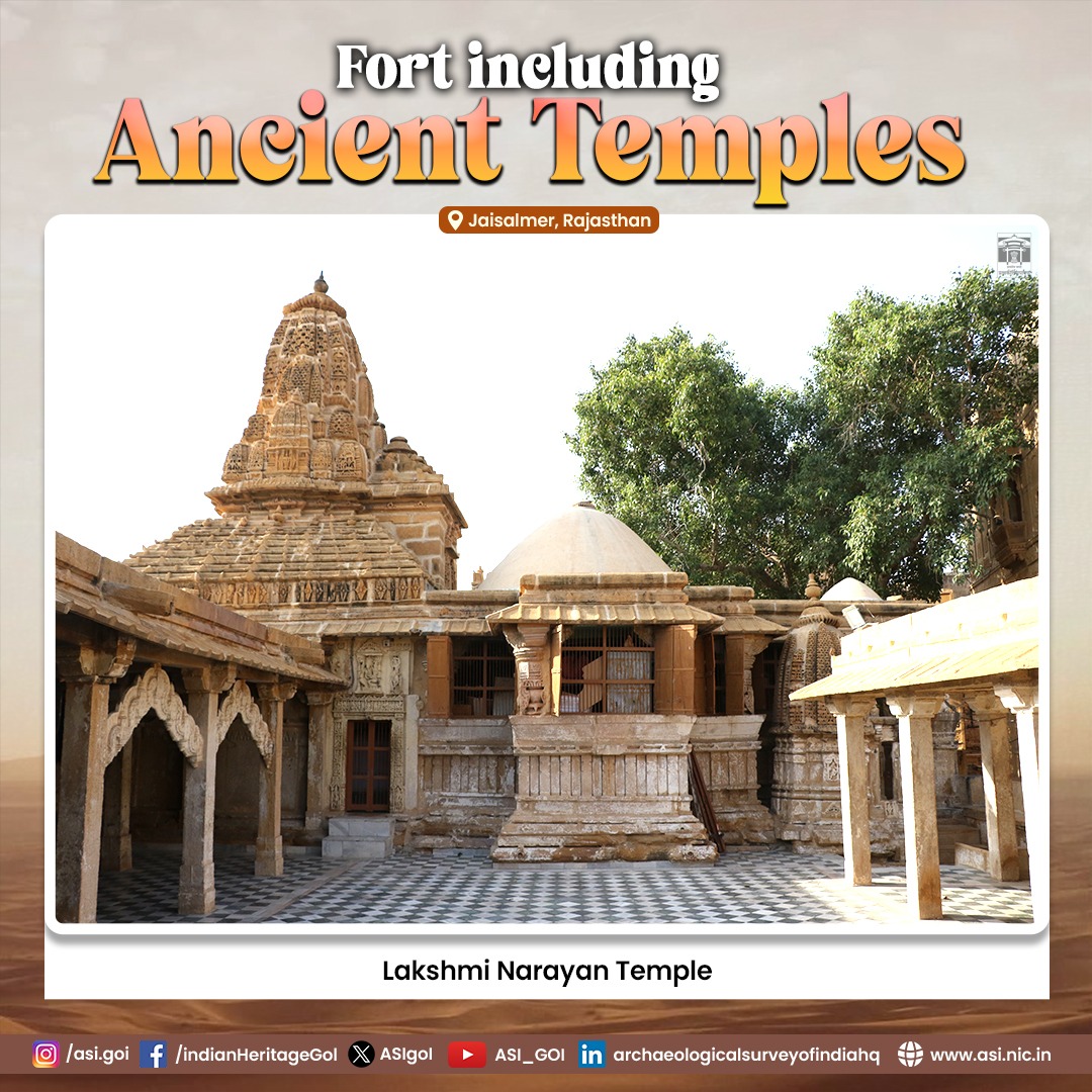 ASIGoI's tweet image. The Fort of Jaisalmer, perched atop Trikuta Hill, stands as a proud testament to the legacy of the Bhati rulers. 

Known as the ‘Sonar Killa’ or Golden Fort due to its distinctive yellow color sandstone, its foundation was laid on July 12, 1155 CE. This massive structure boasts