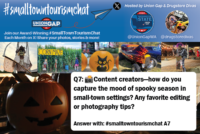 #SmallTownTourismChat Q7
📸 Content creators—how do you capture the mood of spooky season in small-town settings? Any favorite editing or photography tips?

 Answer with #SmallTownTourismChat A7