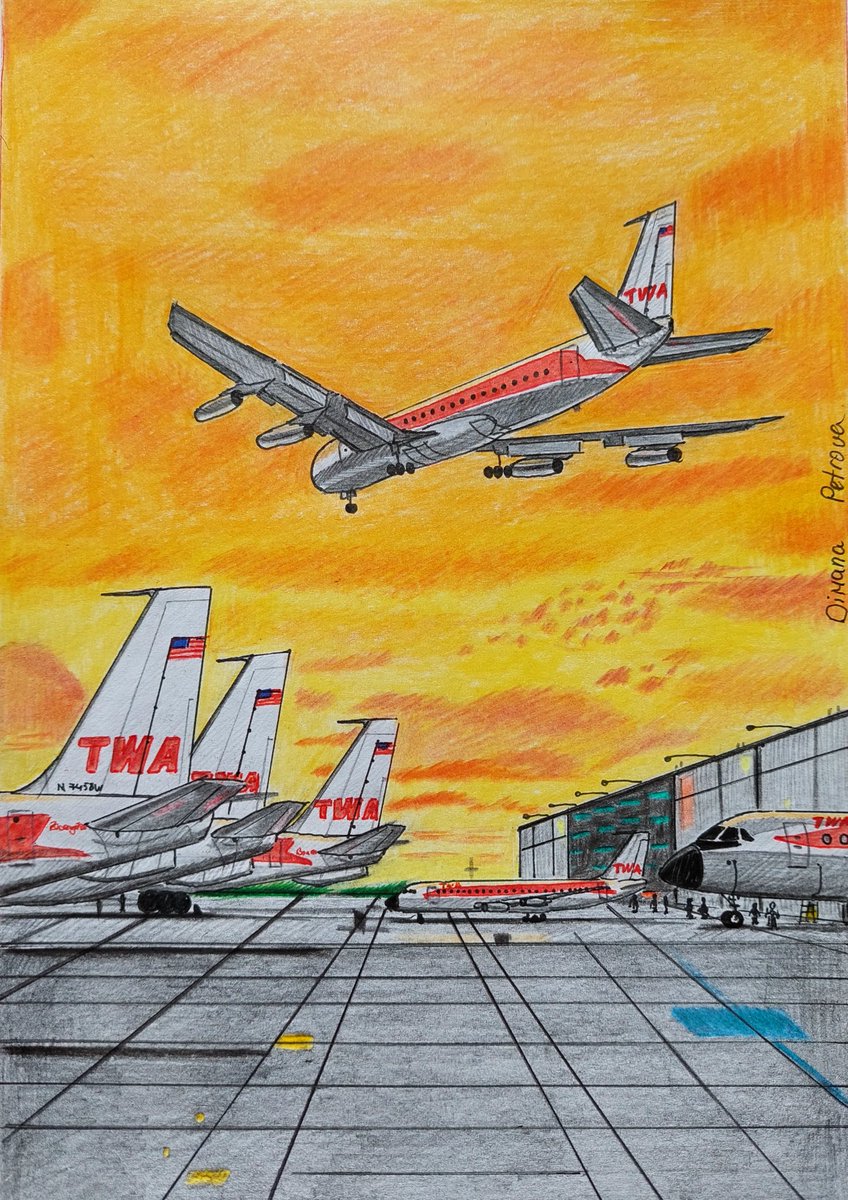 AircraftBy's tweet image. Boeing 707s of TWA spotted during a sunset in the yellow sky 💛🇺🇲✨️✈️
Let&apos;s bring back the best memories with Trans World Airlines 😊

✏️Faber Castell 📏148/210mm 📸 Unknown 

#TWA #TransWorldAirlines #Boeing707 #Boeing #lastcentury #hisroty #aviationhistory #aviation