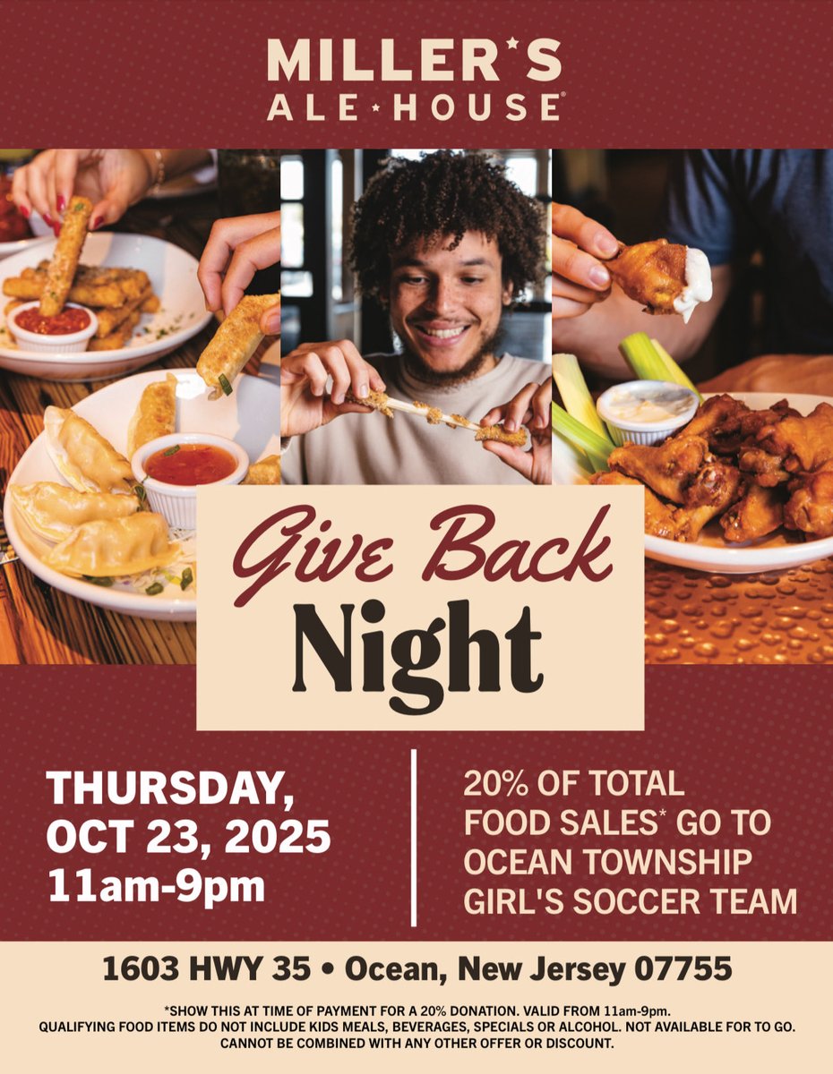 Write it down✍️ OTGS is pairing with Miller’s Ale House in Ocean for a Give Back Night‼️ 20% of total food sales directly support our Spartans when you show the flyer🅾️⚽️
