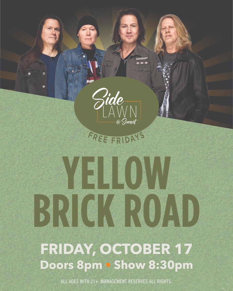 You're invited to join us on Friday, October 17, with Yellow Brick Road for FREE Fridays on the Side Lawn at Sunset Station. 🎶

Doors: 8 PM
Show: 8:30 PM
No cover. Must be 21 or older to attend.
