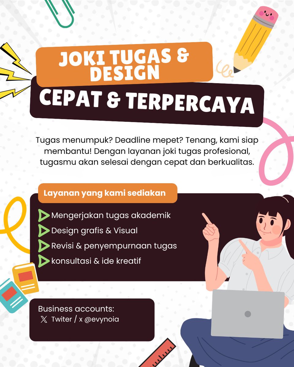 Deadline mepet? Tugas numpuk? Desain belum jadi? Tenang, Angel Store siap bantuin kmu 🥰 

🎯 Joki tugas cepat, rapi, &amp; anti plagiat
🎨 Desain keren &amp; profesional
⏰ Tepat waktu, hasil memuaskan

Ga perlu stres, tinggal krim brief. tugas lngsng sls! 💬 Chat aja skrg
#zonauangᅠ