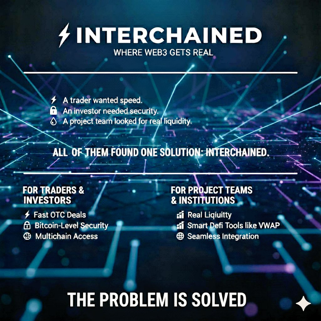 MuhddWeb3's tweet photo. A trader wanted speed.
An investor needed security.
A project team looked for real liquidity.
All of them found one solution: @interchained
⚡ Fast OTC deals
🔐 Bitcoin-level security
📊 Smart DeFi tools like VWAP
🌍 Multichain access with one dashboard.
#interchained https://t.co/ZsoqvBuhr2
