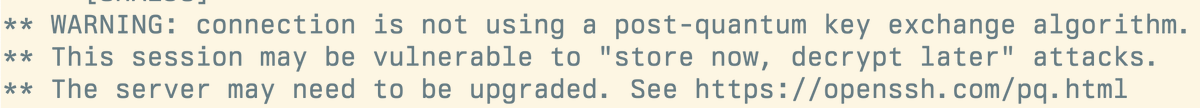 mdwhatcott's tweet photo. @Bitbucket For the last while I'm seeing the following warning every time I git push/fetch: "WARNING: connection is not using a post-quantum key exchange algorithm." Is there an issue somewhere that I can track? https://t.co/Am1UvXA7Hr